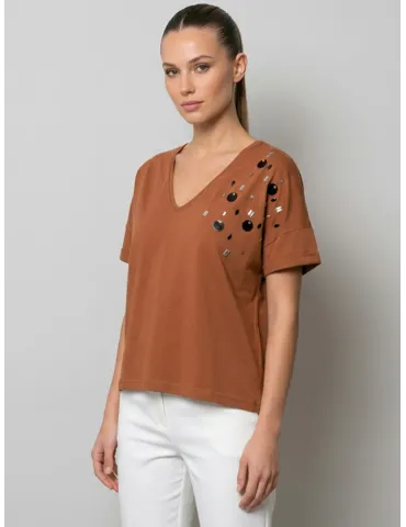 Brown Kimono-sleeve T-Shirt with crystal embellishments