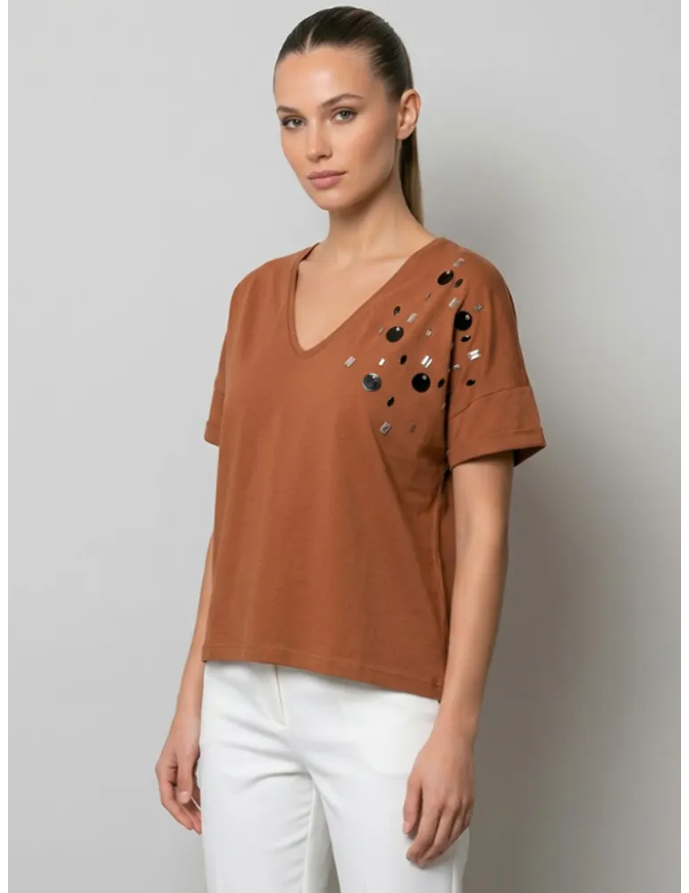 Brown Kimono-sleeve T-Shirt with crystal embellishments