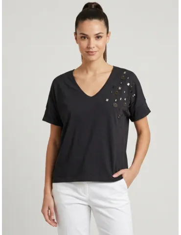 Black oversized cotton T-Shirt with crystal embellishments