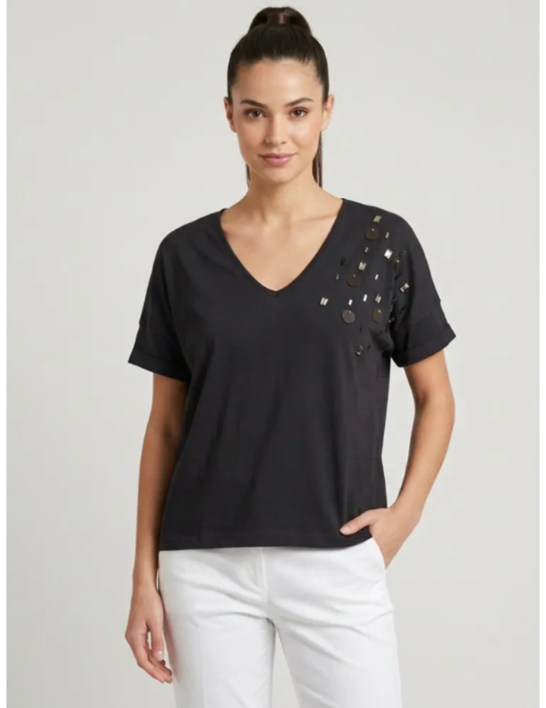Maglia t-shirt nera oversize con strass e paillettes Olivia Rei