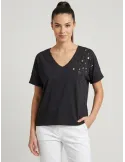 Maglia t-shirt nera oversize con strass e paillettes Olivia Rei
