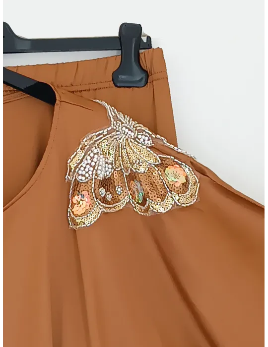 Butterfly-Embellished Blouse and Long Skirt Set in Tobacco