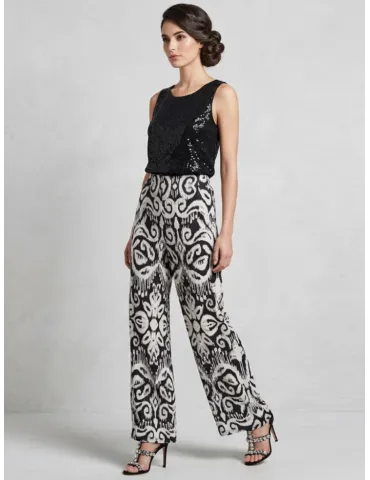 Optical Palazzo Trousers in Stretch Viscose Satin