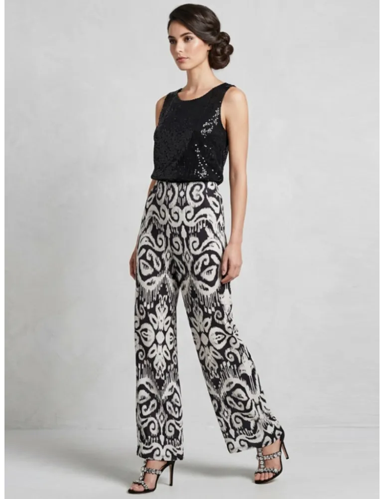 Pantaloni palazzo in raso di viscosa fantasia bianco e nero fino tg 56