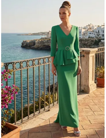 Sonia Pena emerald green long mermaid formal belted dress