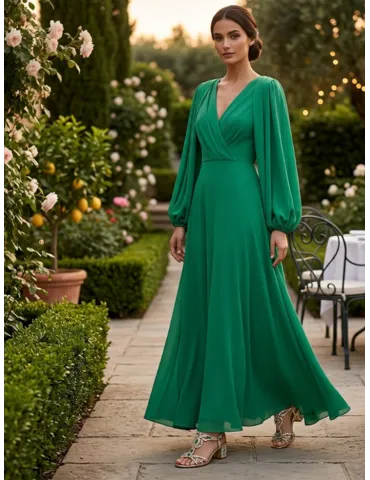 Casting Emerald green long wrap dress with open sleeves