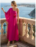 One-Shoulder Long fuchsia Gown with Rear Cape
