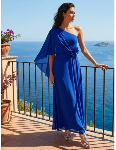 Casting 2026 | Plus size One-Shoulder Long Blue Gown with Rear Cape