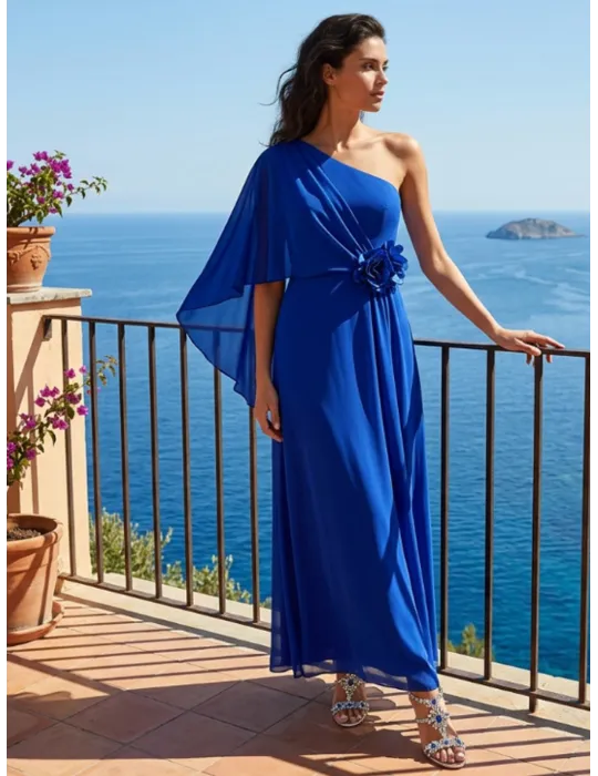 Casting 2026 | Plus size One-Shoulder Long Blue Gown with Rear Cape