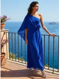One-Shoulder Long Blue Gown with Rear Cape by Casting