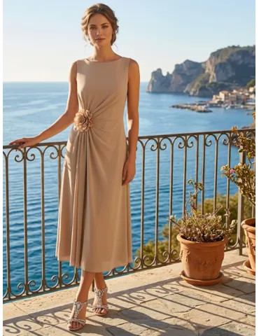 Sleeveless midi dress with draping and rose detail