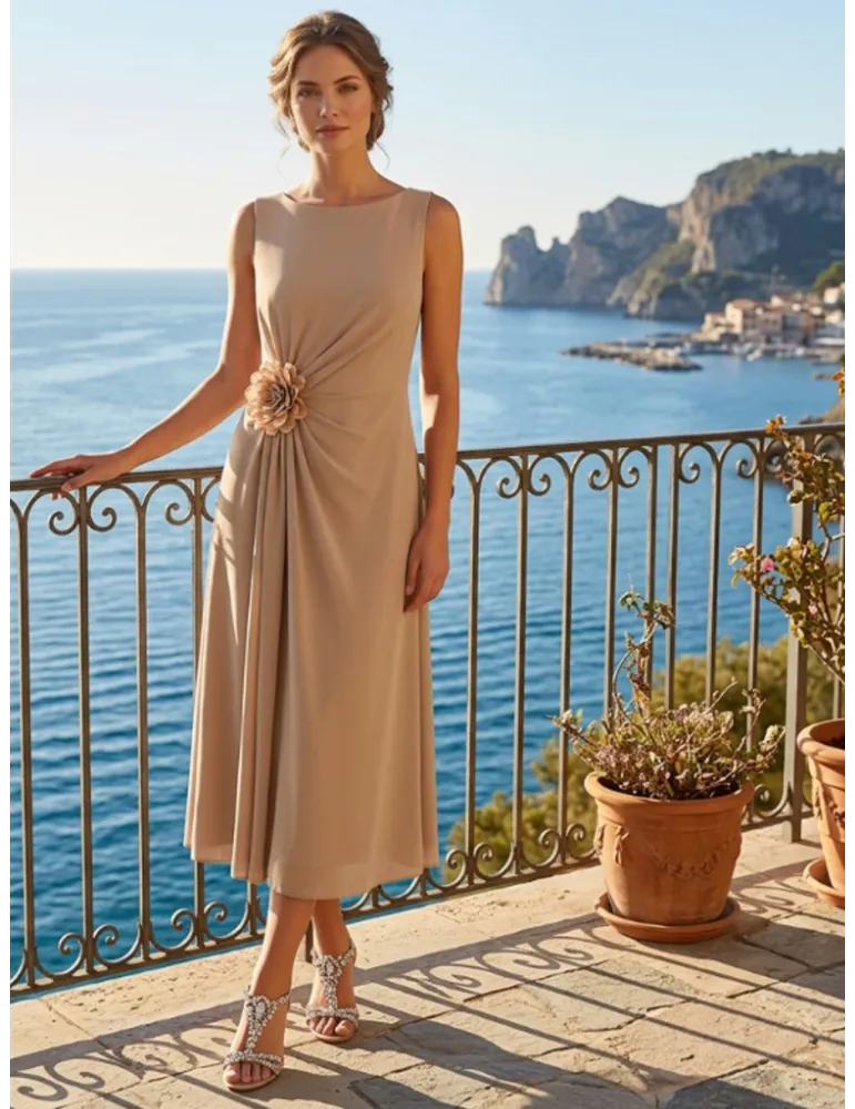 Beige sleeveless midi formal dress with draping and rose detail