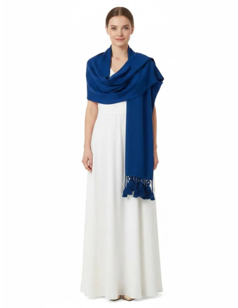 Shop online elegant Blue rectangular stole with fringes and tassels