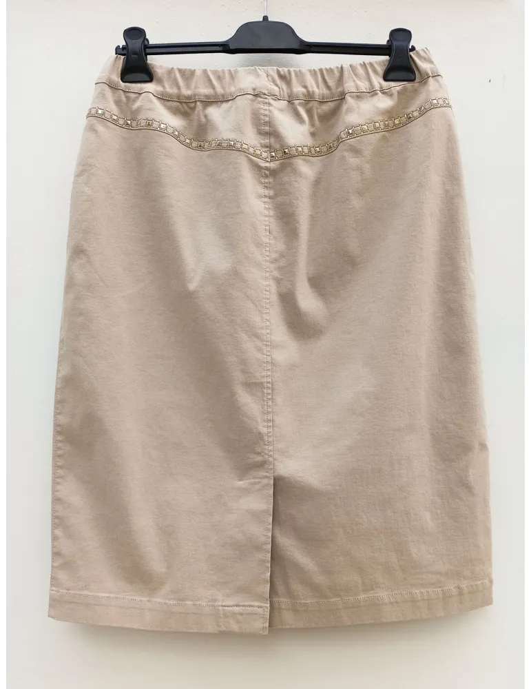 Gonna tubino di jeans beige con spacco dietro e ricami Piero Moretti
