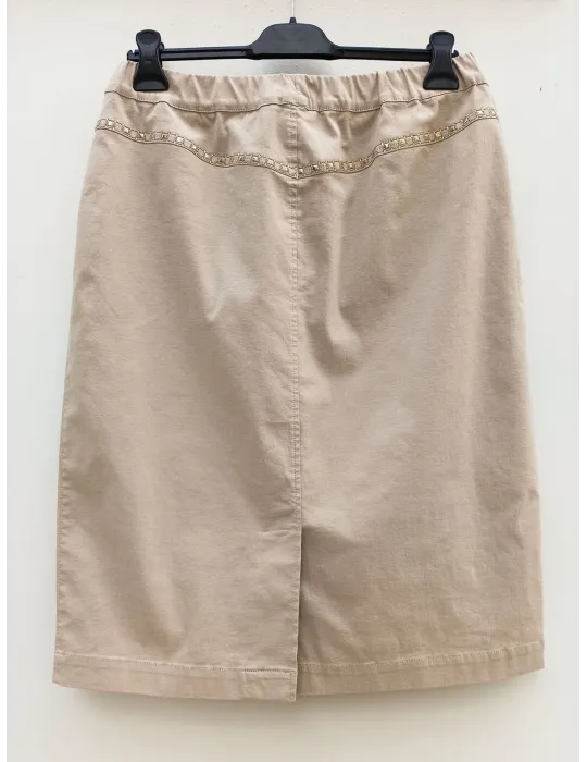 Beige Cotton Denim Pencil Skirt with Gold Embroidery