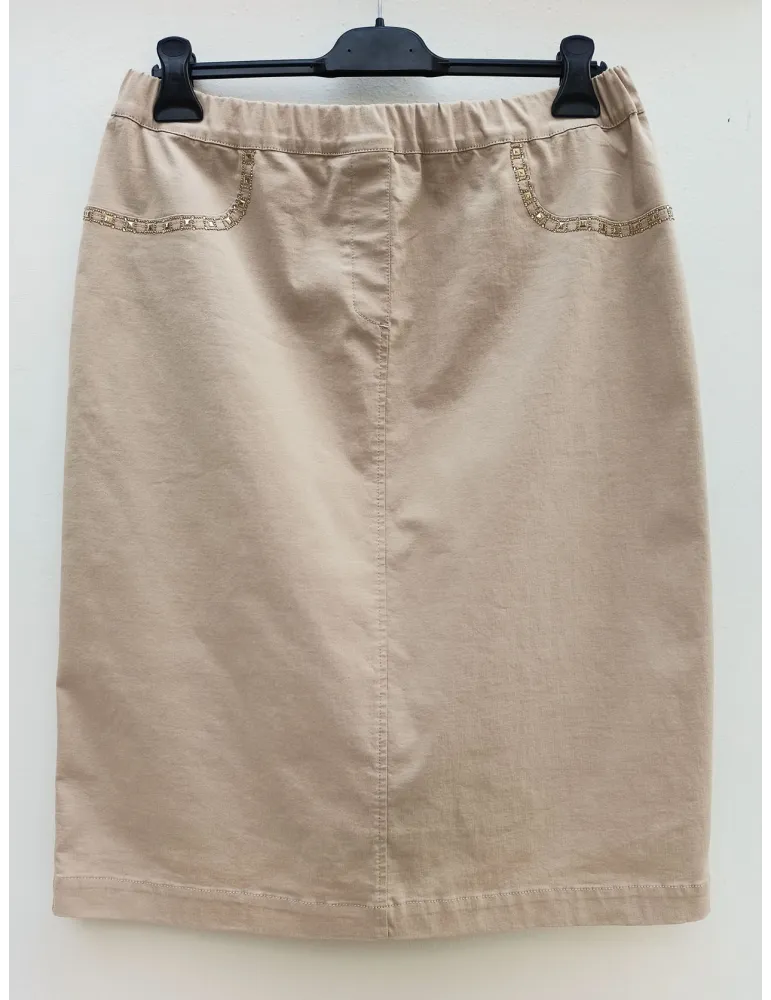Beige Cotton Denim Pencil Skirt with Gold Embroidery