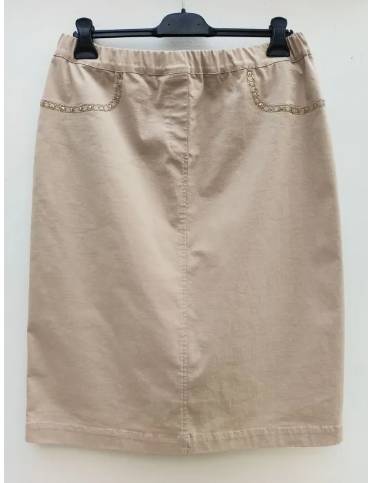 Beige Cotton Denim Pencil Skirt with Gold Embroidery