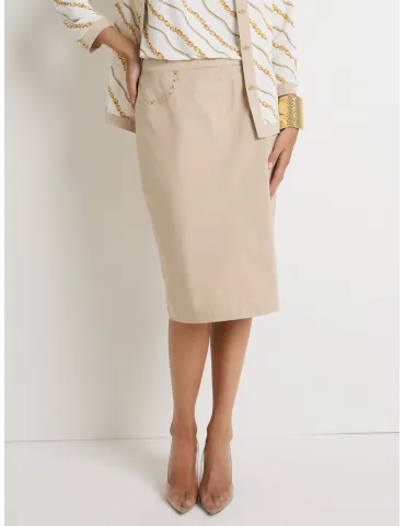 Beige Cotton Denim Pencil Skirt with Gold Embroidery for plus size
