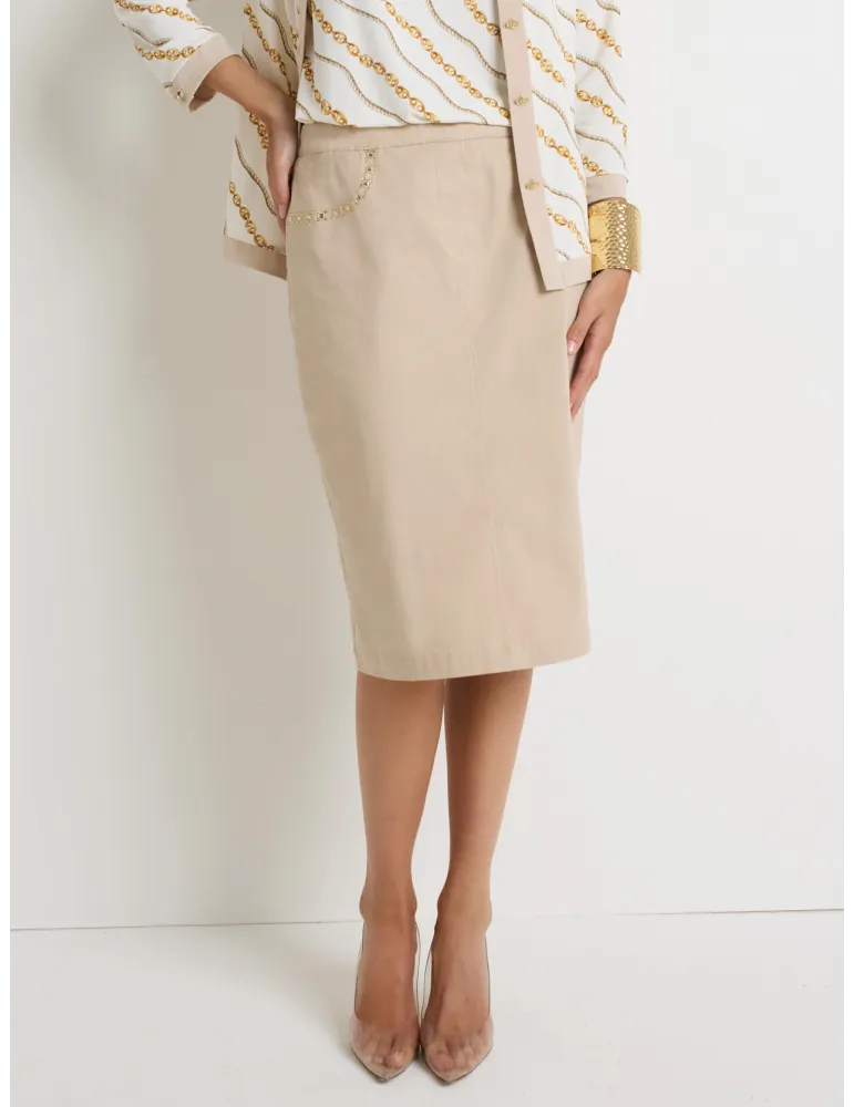 Gonna tubino di jeans beige con spacco dietro e ricami Piero Moretti