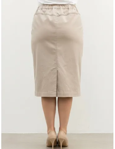 Gonna tubino di jeans beige con spacco dietro e ricami Piero Moretti 2