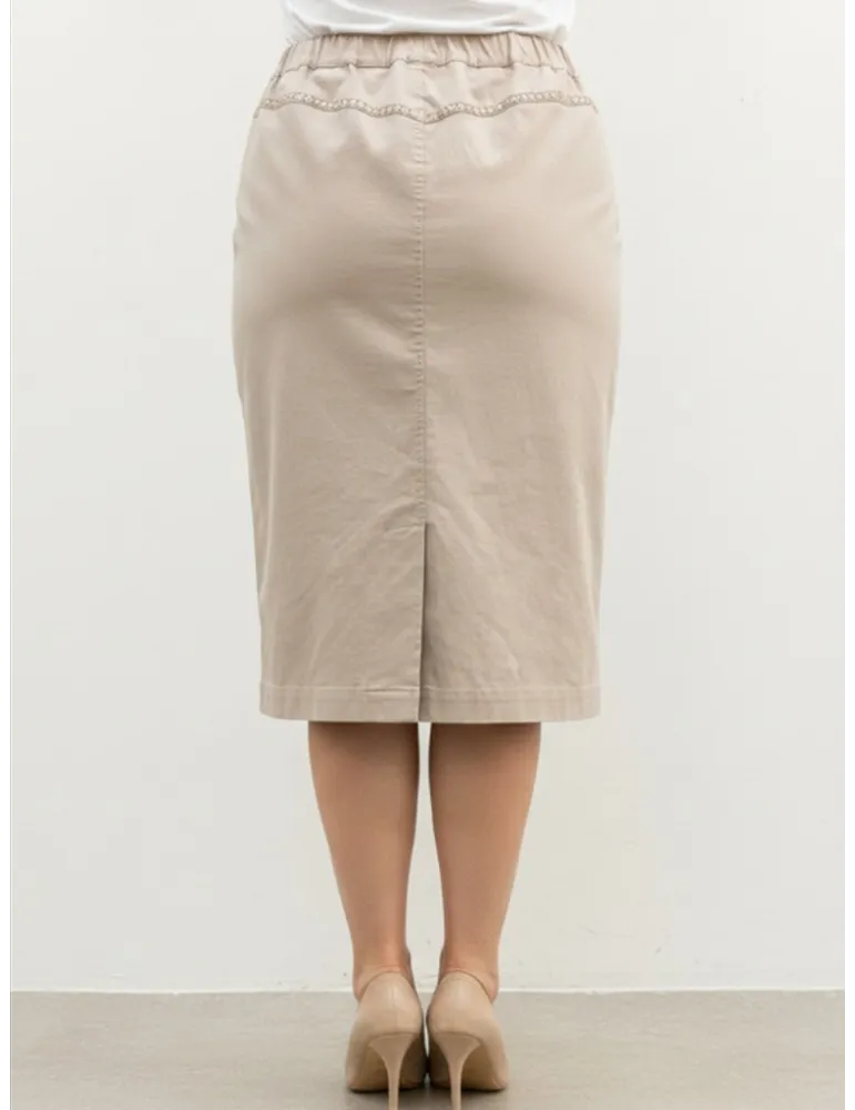 Beige Cotton Denim Pencil Skirt with Gold Embroidery