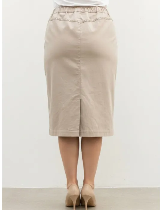 Gonna tubino di jeans beige con spacco dietro e ricami Piero Moretti
