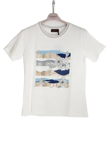 White t-shirt with gold and blue front rhinestone embroidery