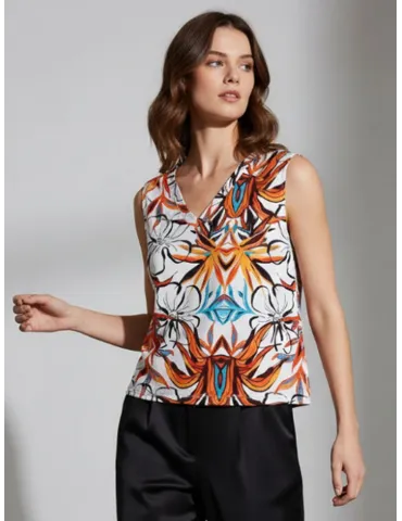 Sleeveless top in viscose satin with orange floral print