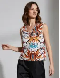 Sleeveless top in viscose satin with orange floral print