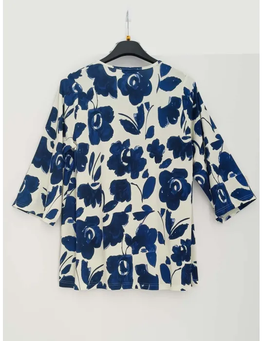 Floral kaftan-style blouse in shades of blue and milky white Plus size