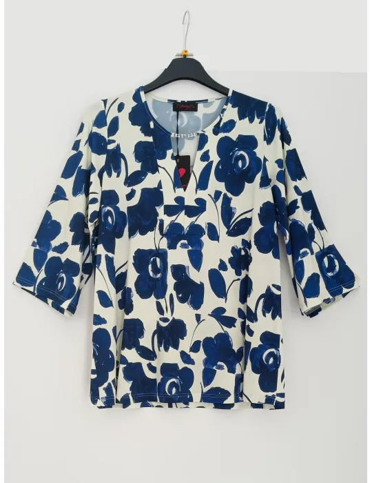 Floral kaftan-style blouse in shades of blue and milky white