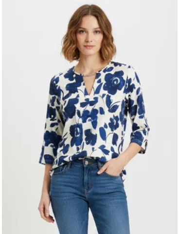 Floral kaftan-style blouse in shades of blue and milky white Plus size