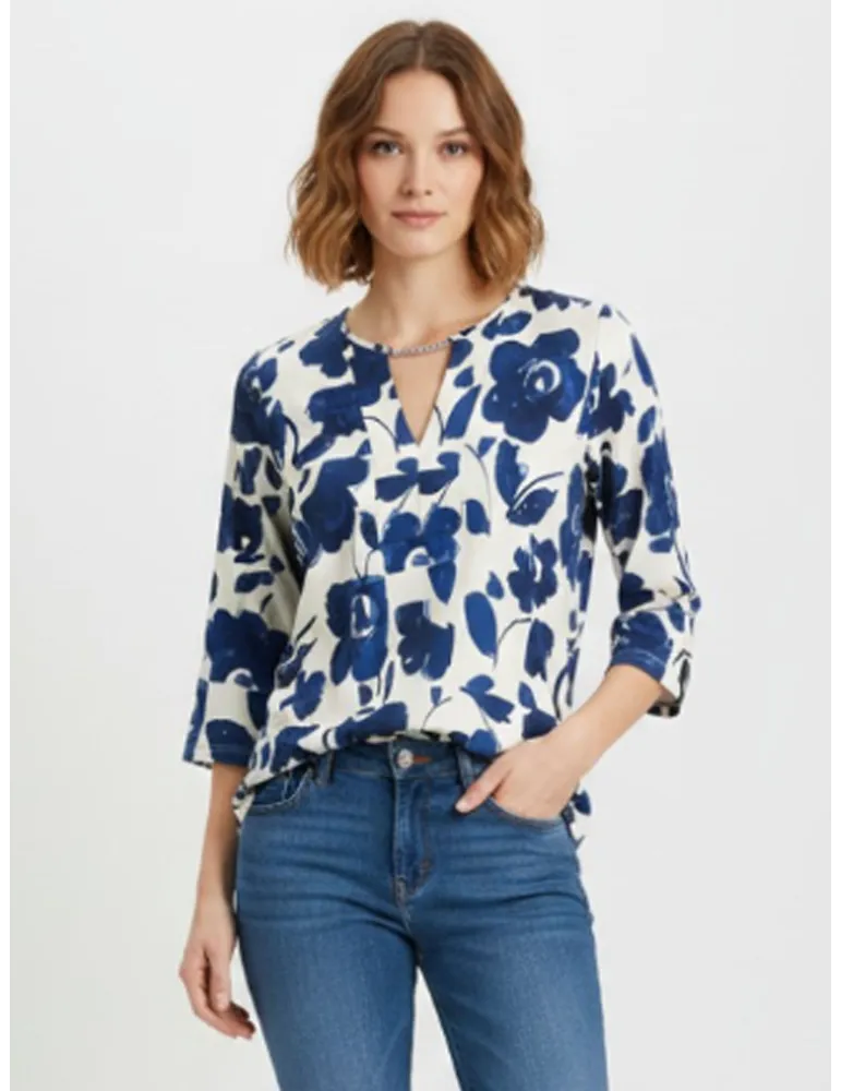 Floral kaftan-style blouse in shades of blue and milky white