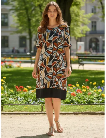 Brown and Sky Blue Leaves Print Viscose A-line Dress