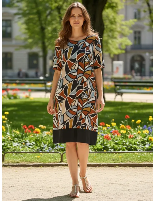 Brown and Sky Blue Leaves Print Viscose A-line Dress