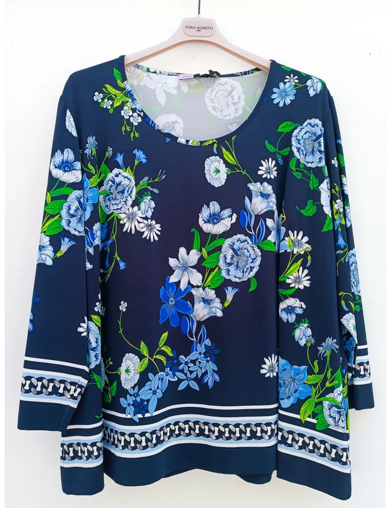 Piero Moretti | Blusa blu in viscosa fantasia a fiori fino alla tg 60