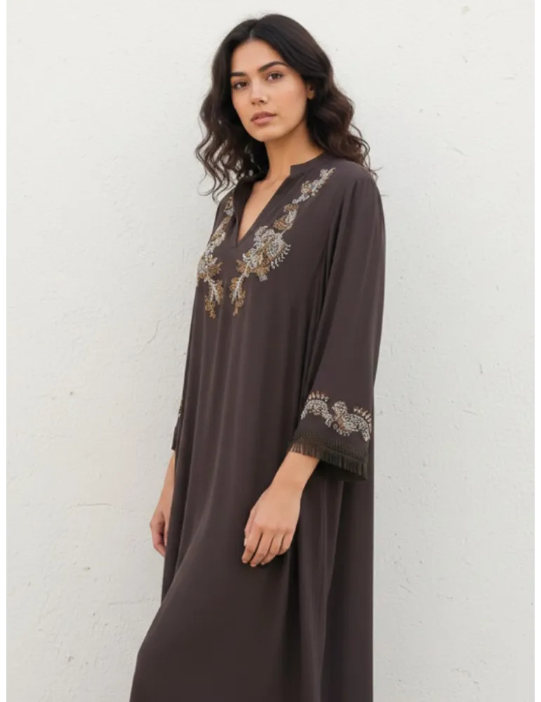 Brown silk caftan dress with golden rhinestone embroidery
