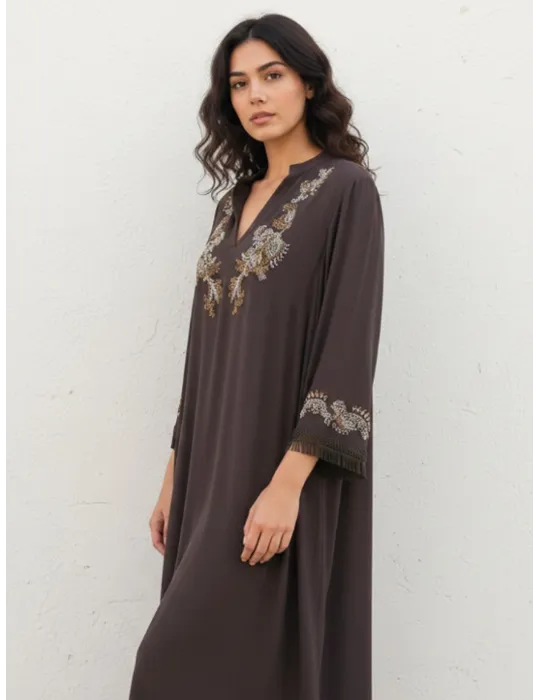 Brown silk caftan dress with golden rhinestone embroidery