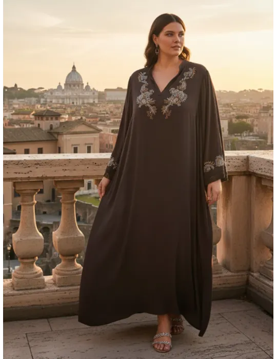 Brown silk caftan dress with golden rhinestone embroidery