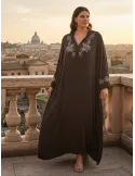 Brown silk caftan dress with golden rhinestone embroidery