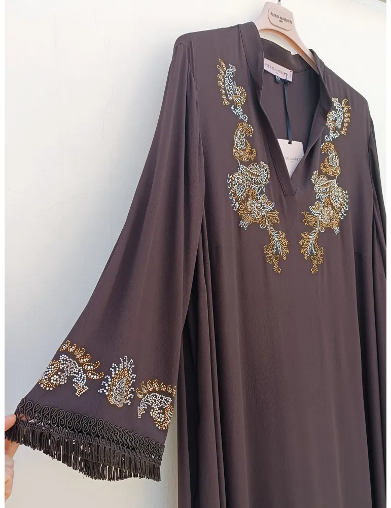 Brown silk caftan dress with golden rhinestone embroidery