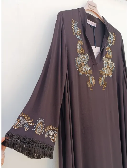 Brown silk caftan dress with golden rhinestone embroidery