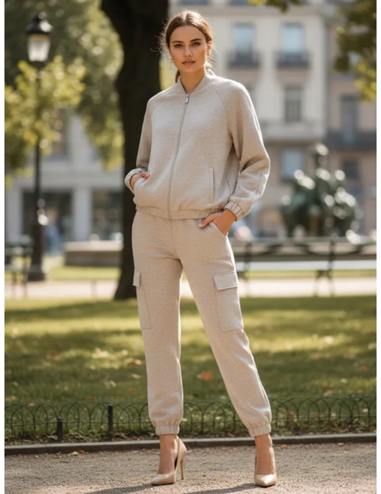 Tuta bomber e pantalone cargo beige lurex argento Volpato fino alla 54