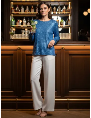 Blue Sequin Blouse with large Three-Quarter Sleeves