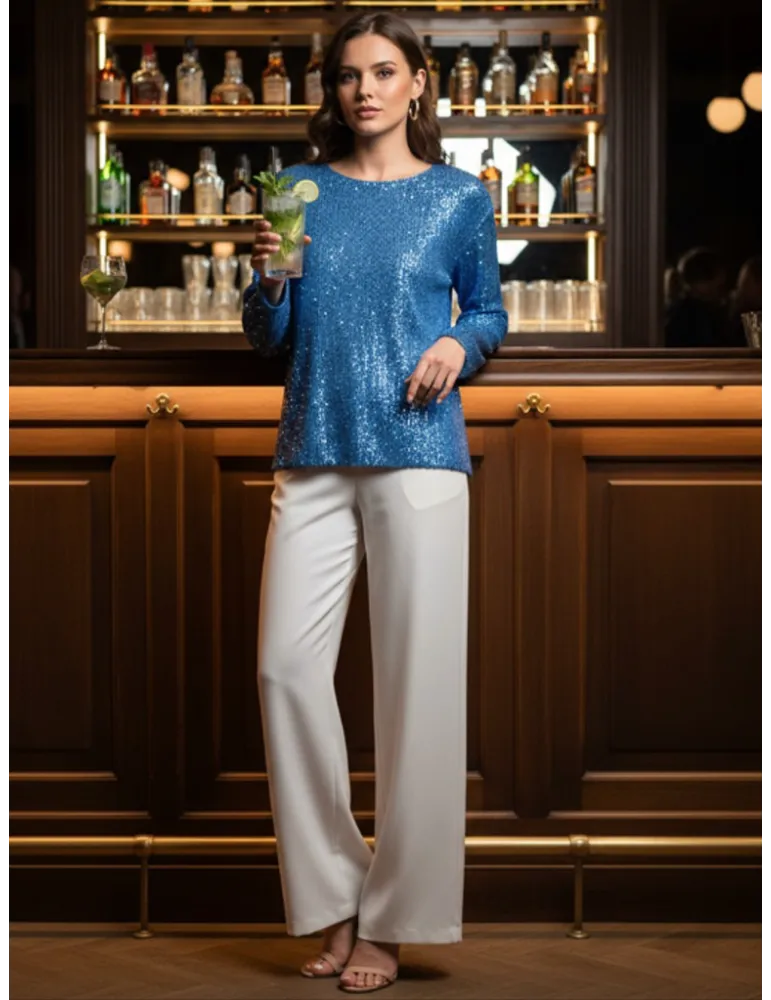 Plus size Formal Blue Sequin Blouse with large Three-Quarter Sleeves