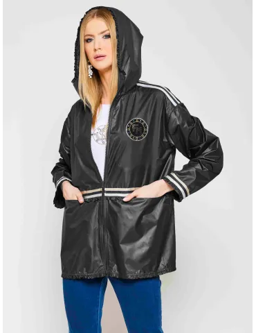 Plus size Black raincoat elegant hooded parka jacket with studs