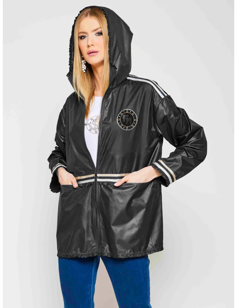 Black raincoat elegant hooded parka jacket with studs