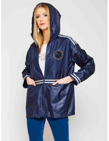 Blue raincoat elegant hooded parka jacket with studs