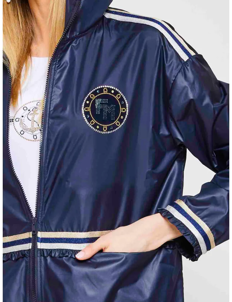 Plus size Blue raincoat elegant hooded parka jacket with studs