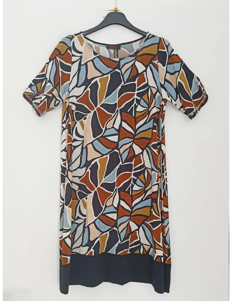 Brown and Sky Blue Leaves Print Viscose A-line Dress
